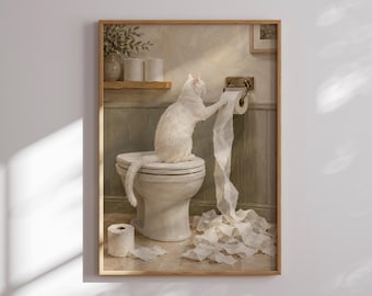 Printed White Cat Bathroom Wall Art Framed Vintage Toilet Paper Print Guest Bath Decor