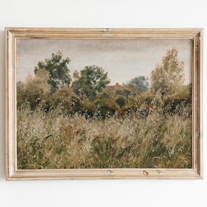 Vintage Art Printable Wild Flowers in a Field Farmhouse Kitchen Decor Cottage Landscape Painting Horizontal Download Wall Print Rustic Art