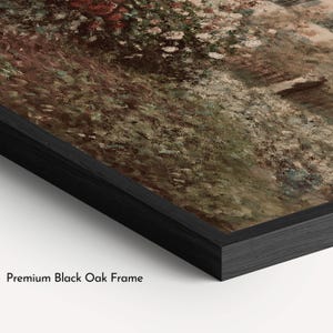 K&ouml;nnte beinhalten: Ein gerahmtes Kunstwerk mit einer Landschaftsmalerei und einem schwarzen Eichenrahmen. Das Gem&auml;lde zeigt eine Gartenszene mit Blumen in Rot, Wei&szlig; und Gr&uuml;n. Der Rahmen ist mit "Premium Black Oak Frame" beschriftet.
