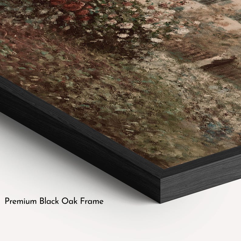 K&ouml;nnte beinhalten: Ein gerahmtes Kunstwerk mit einer Landschaftsmalerei und einem schwarzen Eichenrahmen. Das Gem&auml;lde zeigt eine Gartenszene mit Blumen in Rot, Wei&szlig; und Gr&uuml;n. Der Rahmen ist mit "Premium Black Oak Frame" beschriftet.