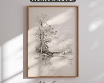 Framed Tree Sketch Print: Vintage European Landscape Wall Art
