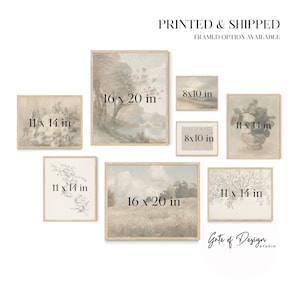 May include: A gallery wall set of eight framed art prints in various sizes including 11x14 in, 16x20 in, and 8x10 in. The prints feature muted landscape and floral illustrations in soft neutral tones. Text reads PRINTED & SHIPPED, FRAMED OPTION AVAILABLE, and Gate of Design STUDIO.