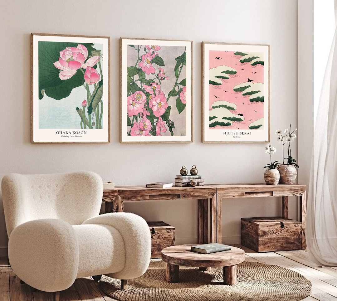 Vintage Pink Green Wall Art Set of 3 Prints, Green Pink Floral