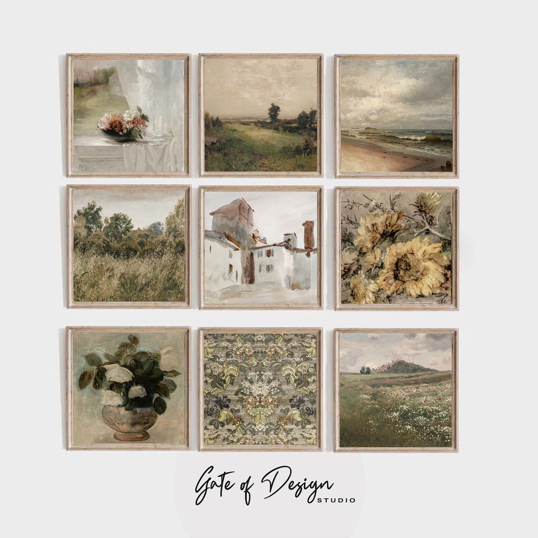 Square Gallery Wall Art Set of 9, Rustic Vintage Living Room Decor