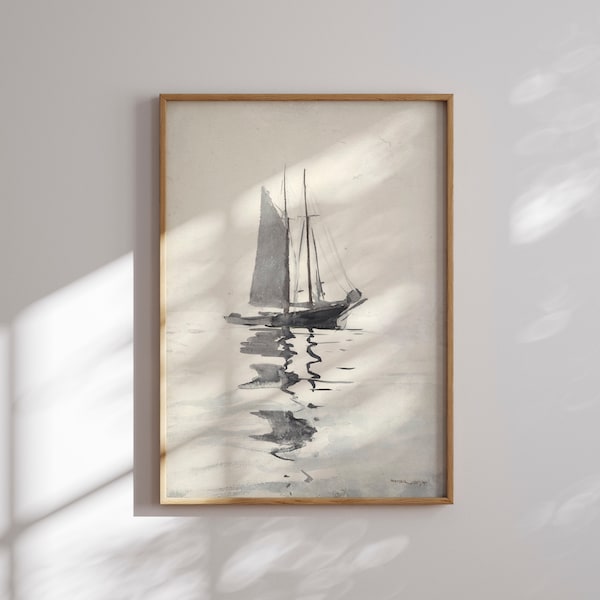 Esboço de veleiro vintage: arte náutica de uma casa no lago costeiro (download digital)