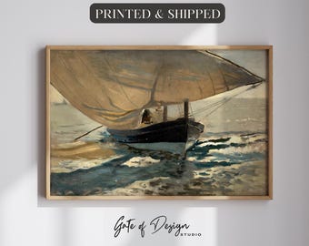 Vintage Sailboat Seascape Print: Printed Framed Nautical Ocean Wall Art