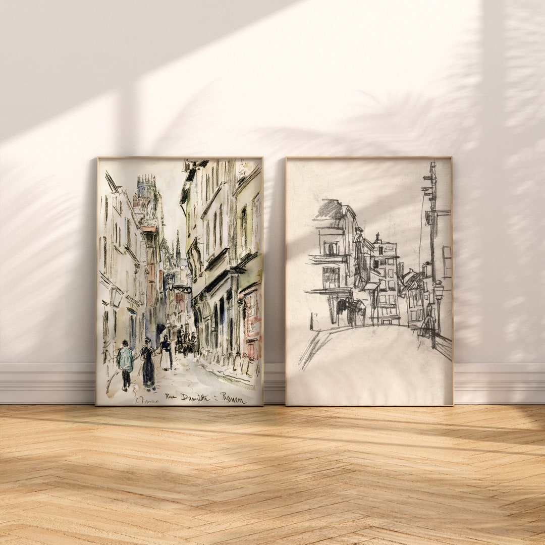 Vintage Paris City Sketch Prints Set of Two French Antique Printable