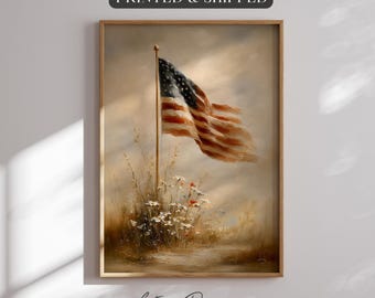 Printed American Flag Wall Art Vintage Americana Decor Patriotic Wildflower Meadow Print 4th Of July Veteran Gift