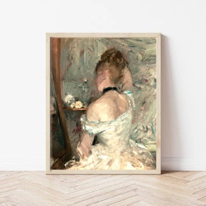 May include: A painting of a woman in a white dress, sitting in front of a mirror. She is looking at her reflection and has her hand on her hair. The background is a light blue and green.