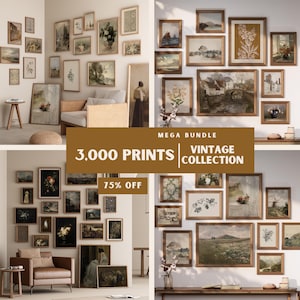 Può includere: Un collage di stampe vintage in varie cornici, che raffigurano paesaggi, fiori e altre scene naturali. Le stampe sono disposte a griglia su una parete, con un divano marrone e un tavolo in primo piano. Il testo "MEGA BUNDLE 3,000 PRINTS | VINTAGE COLLECTION 75% OFF" è visualizzato al centro dell'immagine.