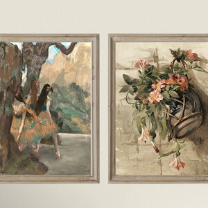 May include: Two framed paintings, one depicting three dancers in a landscape setting and the other featuring a hanging basket of pink flowers.