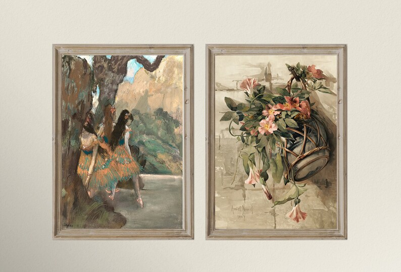 May include: Two framed paintings, one depicting three dancers in a landscape setting and the other featuring a hanging basket of pink flowers.