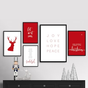 Red Christmas Prints Set, Christmas Wall Art, Christmas Printable Wall Art, Christmas Wall Art Print Set of 5, Christmas Gallery Wall Decor