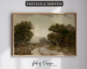 Printed Wall Art Rustic Country Landscape Framed Vintage Tree Painting Horizontal Farmhouse Wall Decor Neutral Nature Artwork Mailed