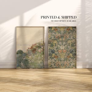 May include: Two framed art prints. One depicts a landscape with a hillside of flowers. The other has a floral pattern in green, red, and yellow. The text "PRINTED & SHIPPED FRAMED OPTION AVAILABLE" is at the top.