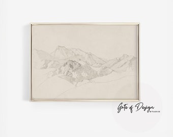 Vintage Mountain Pencil Drawing: Rustic Landscape Art (Digital Download)
