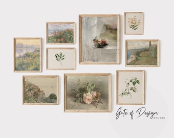 Puede incluir: Una pared de galería con nueve impresiones enmarcadas con varias escenas florales y de paisajes. Las impresiones están en un marco de madera claro y tienen una estética vintage. La pared es blanca y las impresiones están dispuestas de forma simétrica.