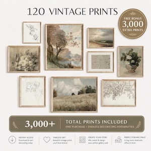 May include: A collection of 120 vintage prints featuring various landscape, floral, and botanical illustrations in muted tones. A circular badge states FREE BONUS 3,000 EXTRA PRINTS. A bottom banner displays the text 3,000+ TOTAL PRINTS INCLUDED.