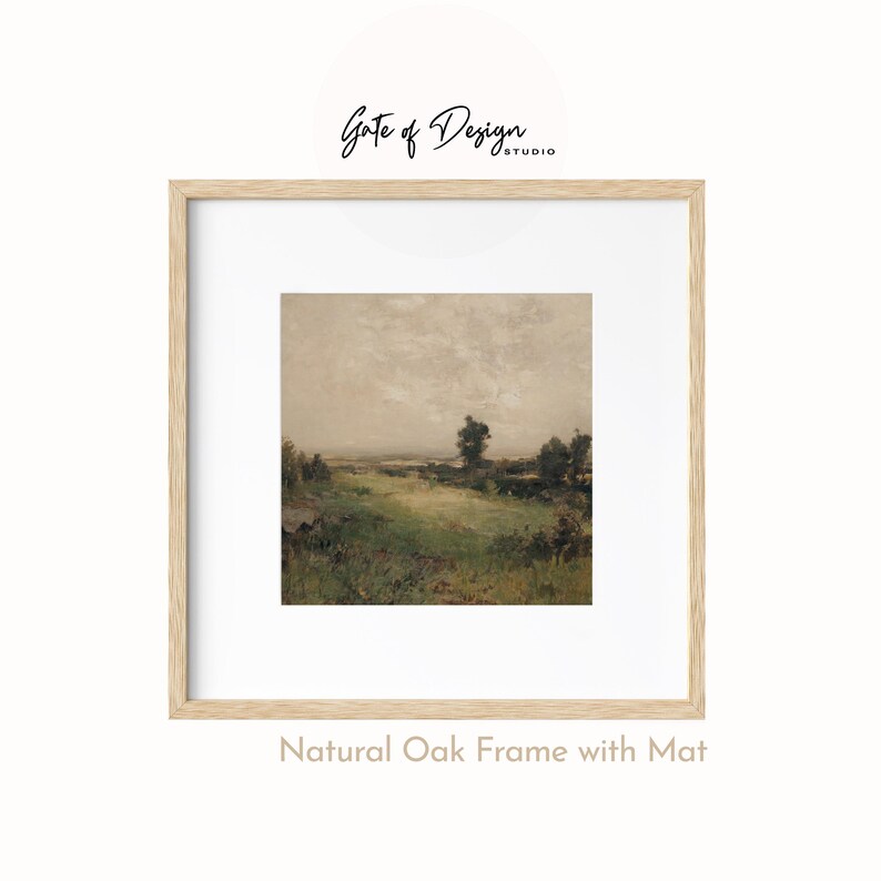 May include: A framed landscape painting with a natural oak frame and a white mat. The artwork depicts a field with green grass, trees, and a cloudy sky. The text "Gate of Design Studio" is at the top.