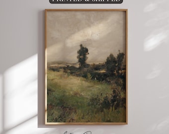 Vintage Green Landscape Wall Art Print PRINTED Warm Neutral Countryside Painting Framed Art