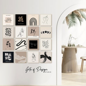Square Modern Printable Wall Art Set 16 Boho Art Prints Trendy Monochromatic Gallery Wall Art Minimalistic Exhibition Posters Neutral Decor