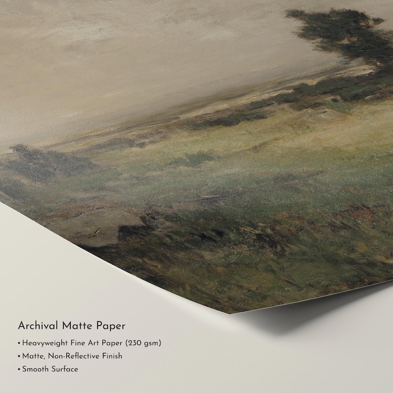 May include: A landscape art print on archival matte paper. The artwork depicts a field with green and brown tones under a cloudy sky. The paper has a matte, non-reflective finish and a smooth surface.