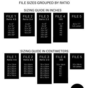 Op de afbeelding: Een grafiek die verschillende bestandsgroottes groepeert op basis van verhouding voor digitale downloads. De grafiek toont de afmetingen in inches en centimeters voor elke bestandsgrootte. De bestandsgroottes zijn gelabeld als Bestand 1, Bestand 2, Bestand 3, Bestand 4 en Bestand 5. De verhoudingen zijn 4:5, 3:4, 2:3, ISO en US Letter.
