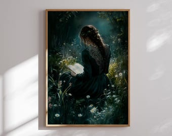 Puede incluir: Una mujer con un vestido verde oscuro se sienta en un campo de flores blancas, leyendo un libro. La escena está iluminada por una luz suave, creando una atmósfera mágica.