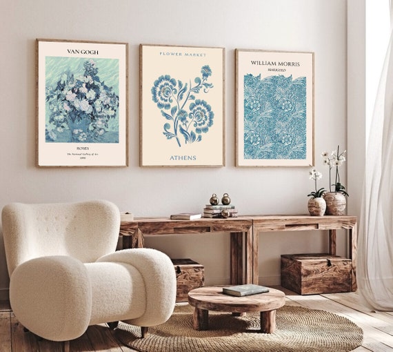 Blue Botanical Wall Art Prints: Eclectic Gallery Set of 3 (Digital Download)