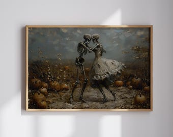 May include: A framed artwork depicts two skeletons embracing in a field of pumpkins. One skeleton wears a flowing white dress. The background features a muted color palette of browns, oranges, and blues, creating a gothic, romantic scene.