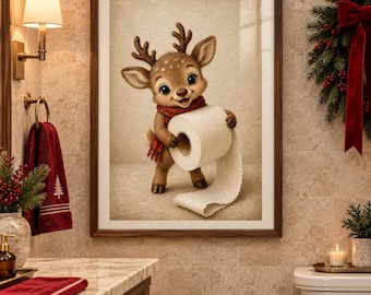 PRINTED Christmas Reindeer Bathroom Wall Art Funny Toilet Paper Print Festive Holiday Decor