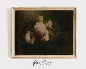 Vintage Peony Flower Print: Moody Dark Floral Oil Painting (Digital Download)