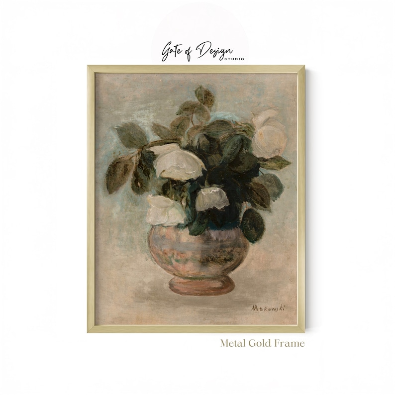 May include: A framed wall art print featuring an oil painting of white roses in a rounded vase. The artwork displays muted tones of gray, green, and white. The piece is enclosed in a thin, metallic gold frame. The text Gate of Design Studio appears above the frame, and Metal Gold Frame is written below it.