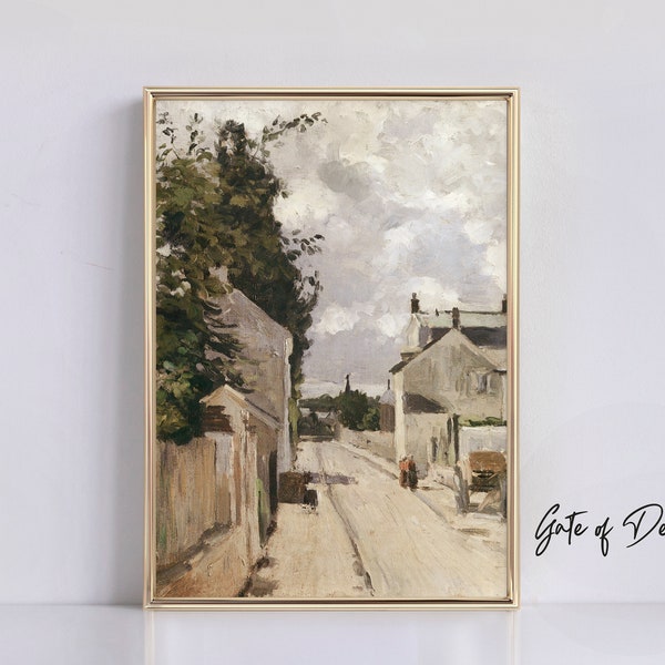 Vintage Village Road Painting, Old Town Street Art, Rustic Countryside Wall Art Print, Antique Printable Download, Neutral Home Decor