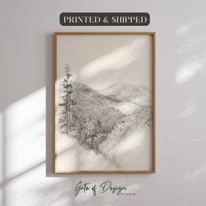 Framed Mountain Sketch Print: Giclée Pencil Drawing, Minimalist Nature Art