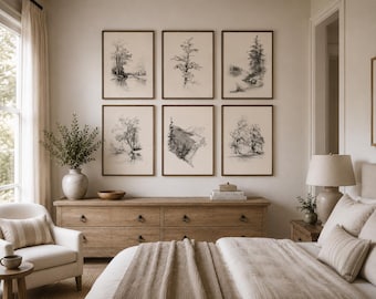 Set of 6 Wall Art Set Vintage Pencil Sketch Wall Prints Neutral Woodland Tree Printed & Framed Wall Art Rustic Decor