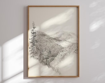 Vintage Mountain Landscape Pencil Sketch Art Print (Digital Download)