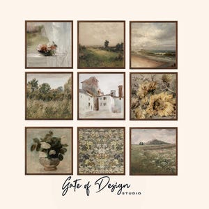 Cottagecore Square Printed Wall Art Set Of 9 Vintage European Framed Giclee Art Prints Rustic French Country Green Gallery Living Room Decor