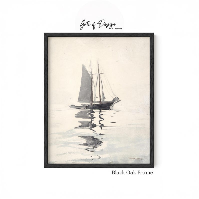 May include: A framed wall art print featuring a watercolor painting of a sailboat on calm water. The artwork displays a grey sailboat with a reflection on the surface, set within a black oak frame. The text Gate of Design Studio is visible.