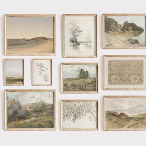 French Country Printable Wall Art Set: 10 Vintage Gallery Art Prints Set Nature Landscape Paintings Antique Muted Artwork Living Room Decor
