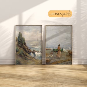 Conjunto de impresiones de arte de pared costero: Impresión de pared de paisaje marino rocoso vintage, impresión de figuras, pinturas costeras, decoración de casa de playa, arte de pared imprimible náutico