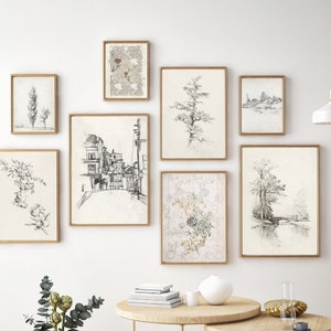 Vintage Sketch Prints Set Neutral Gallery Wall Art Prints Landscape Hand Drawings Botanical Line Art Print Drawing Wall Set DIGITAL DOWNLOAD