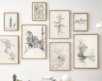 Vintage Sketch Prints Set Neutral Gallery Wall Art Prints Landscape Hand Drawings Botanical Line Art Print Drawing Wall Set DIGITAL DOWNLOAD