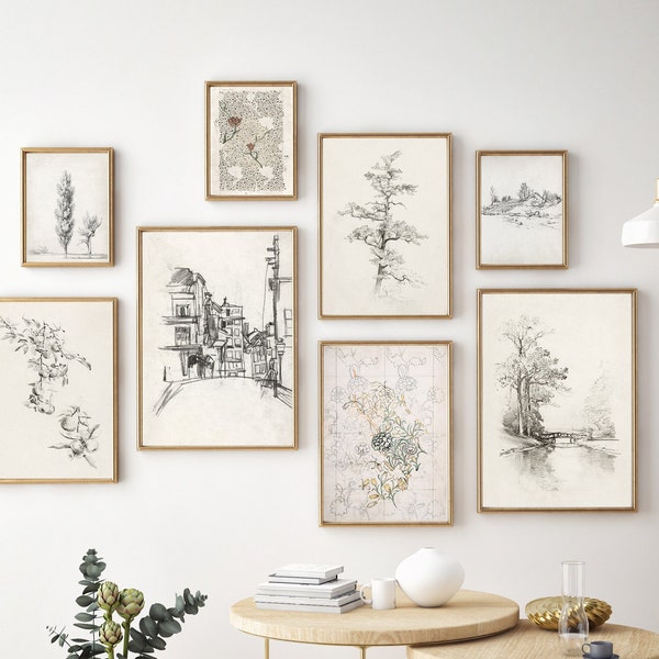 Vintage Sketch Print Set: Neutral Landscape & Botanical Gallery Wall (Digital Download)