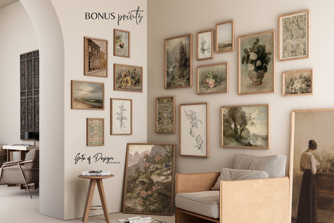 Vintage European Wall Art Prints Set Muted Gallery Wall Set Rustic