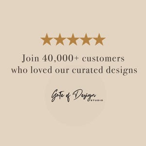 May include: A beige graphic featuring five gold stars arranged in a horizontal row above the text Join 40,000+ customers who loved our curated designs. Below this text is the black script logo for Gate of Design STUDIO on a circular background.