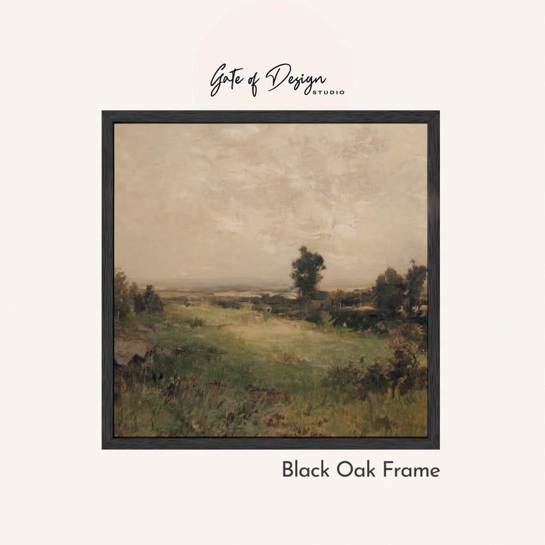 May include: A framed landscape painting with a black oak frame. The artwork depicts a field of green grass and trees under a cloudy sky. The text "Gate of Design Studio" is at the top, and "Black Oak Frame" is at the bottom.