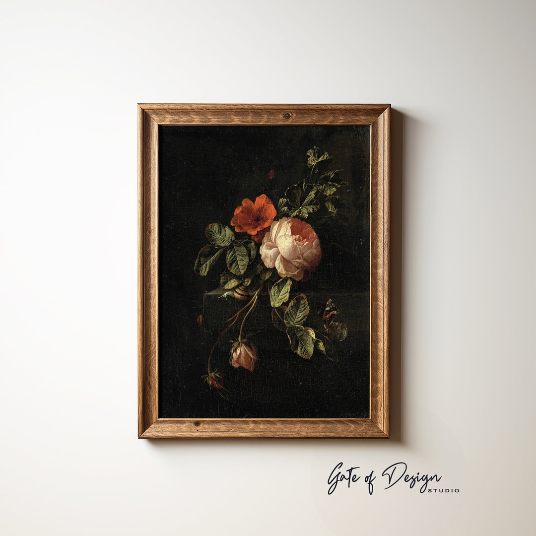 Dark Floral Still Life Painting: Moody Botanical Print (digital ...