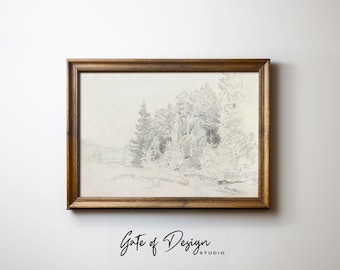 Vintage Forest Landscape Pencil Sketch Print: Neutral Farmhouse Decor (Digital Download)