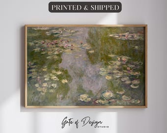 Printed Water Lilies Monet Wall Art: Framed Impressionist Floral Landscape Horizontal Botanical Decor